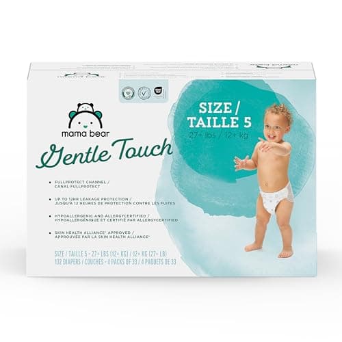 Amazon Brand - Mama Bear Gentle Touch Baby Diapers, Size 5, 27+ lb, Leak Protection, 12 Hours Protection, Wetness Indicator, Hypoallergenic, 132 Count (4 packs of 33)
