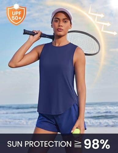 PINSPARK Women's Workout Tank Tops Back Pleat Loose Fit Sleeveless Yoga Athletic Shirts Soft UPF 50+ Cooling Running Gym Tops, Navy Blue, X-Large — view 3