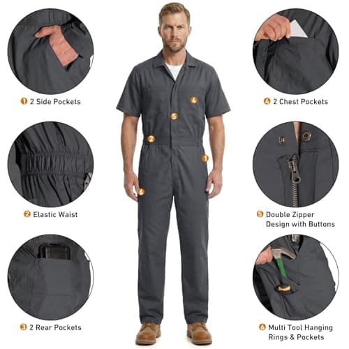 Coveralls for Men Short Sleeve, Cotton Blend Zipper Mechanic Jumpsuit Work with Multi Pockets Utilityl Uniform Fit — view 3