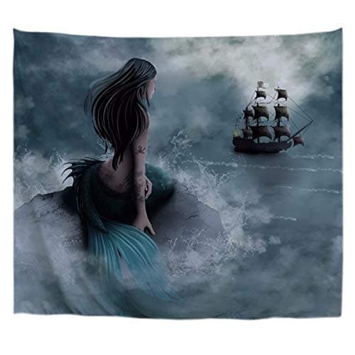 A.Monamour Mermaid And The Sailing Pirate Ship Art Print Fabric Wall Hanging Tapestry Wall Decors Window Curtains For Living Room Bedroom 180X200Cm/71"X80"