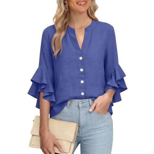 3/4 Ruffle Sleeve Cotton Linen Shirts for Women Dressy V Neck Beach Tunic Tops Elegant Summer Casual Work Blouses Sky Blue — view 5