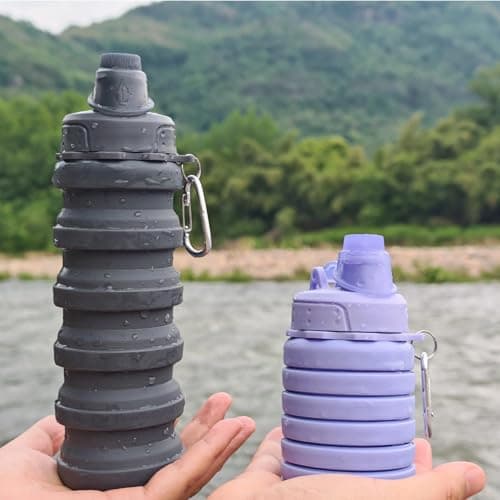 YCTMALL Collapsible Water Bottles Two Pack Travel Sports Portable Sport Water Bottle comes with mountaineering Buckle 500ml silicone Water-proof camping water bottle (Purple and Grey Color) — view 7