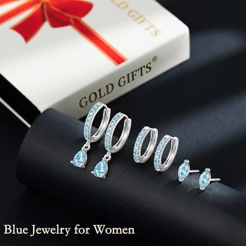 GoldGifts March Birthstone Aquamarine Earrings - Light Blue Jewelry Gift, Hypoallergenic Sterling Silver Small Huggie Hoop Set for Women, Dainty Trendy Stack Dangle Studs for Cartilage Helix — view 6