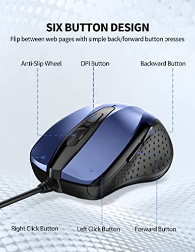 TECKNET USB Wired Mouse, 6-Button Corded Computer Mouse with 4 Adjustable DPI, Optical Computer Mice with Ergonomic Design and 5FT Cord for Laptop, Chromebook, PC, Desktop, Mac, Notebook-Blue — view 3