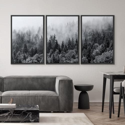 SIGNWIN Framed Canvas Print Wall Art Set Black & White Misty Mountain Forest Nature Wilderness Photography Modern Art Chic Landscape Relax/Calm for Living Room, Bedroom, Office - 24"x36"x3 Black — view 3