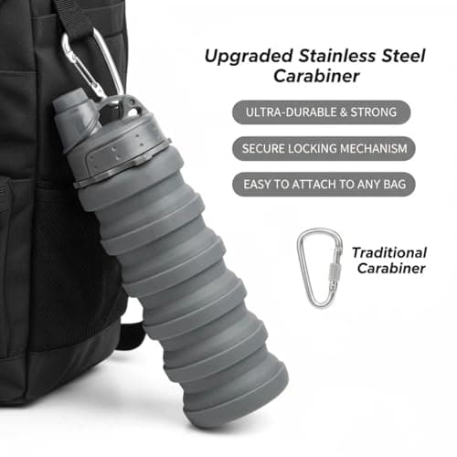 YCTMALL Collapsible Water Bottles Two Pack Travel Sports Portable Sport Water Bottle comes with mountaineering Buckle 500ml silicone Water-proof camping water bottle (Purple and Grey Color) — view 4