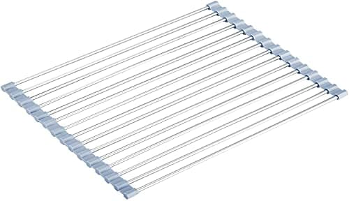 Roll Up Dish Drying Rack, Over Sink Dish Drying Rack for Kitchen Sink Counter, Stainless Steel Wire Dish Drying Rack Kitchen Rolling Dish Drainer Foldable Sink Rack Mat for Vegetables Fruits(44.5x30)