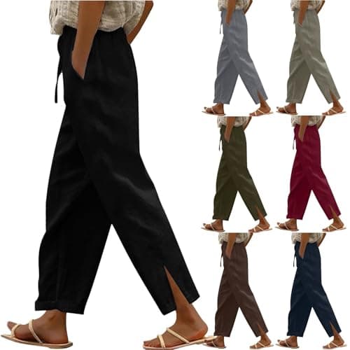 TXGMNA Cotton Linen Pants for Women Casual Loose Flowy Palazzo Pants Drawstring Waist Trousers Summer Beach Vacation Outfits Black