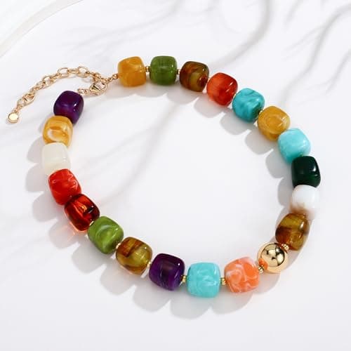 INNERDIVA Chunky Beaded Necklace for Women Colorful Big Large Resin Bead Statement Bubble Choker Necklace Trendy Summer Beach Beachy Womens Necklace Rainbow Gemstone Charm Jewelry Accessories Stuff — view 5