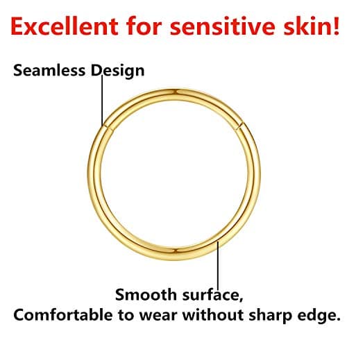 8mm Septum Ring Gold Nose Rings Hoop 18 Gauge Nose Hoop Helix Daith Tragus Earrings Hinged Segment Septum Clicker Lip Rings 18g Cartilage Earring Nose Piercing Jewelry Surgical Steel
