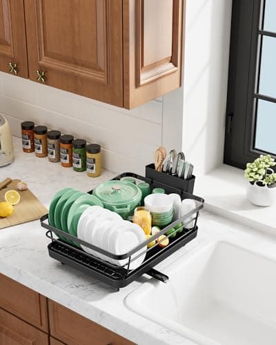 Kitsure Dish Drying Rack for Kitchen Counter, Stainless Steel Sink Organization and Storage Essentials with Cutlery Holder, Home and Appartment Decor, 12''W x 15.5''L, Black — view 8