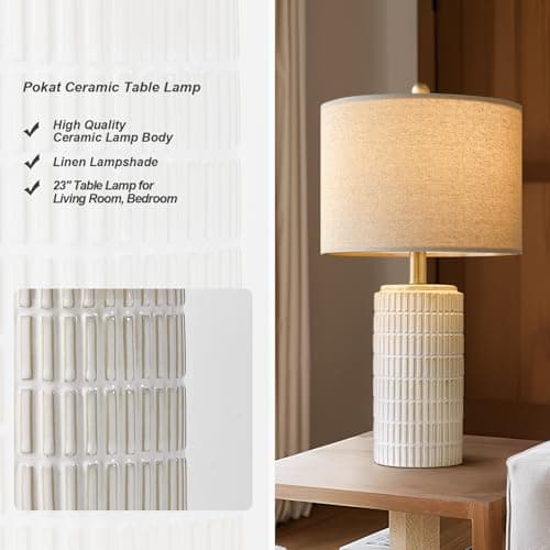 PoKat 23" Modern Ceramic Table Lamp Set of 2 for Living Room White Desk Lamps for Bedroom Farmhouse Bedside Nightstand Lamp House Warming Gifts New Home Decor End Table Lamps Gifts for Women Mom Beige — view 3