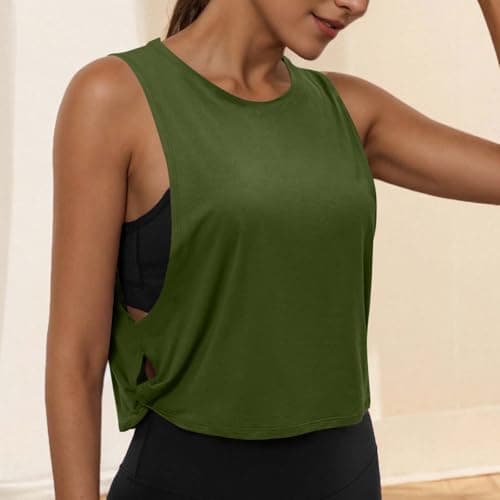 Women's Sleeveless Workout Vest Tops - Solid Tank Top with Side Hollowed Out, Breathable Round Neck Fitness Shirts Army Green