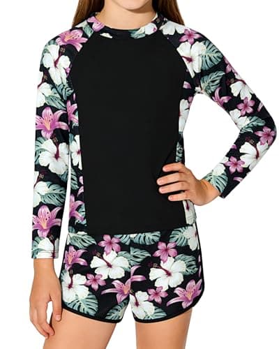 Ghteas Girls Rash Guard Swimsuits 2 Piece Long Sleeve Round Neck Swim Shirt and Tropical Print Shorts Summer Beach Bathing Suit Girls' Swimwear 13-14 Years Black