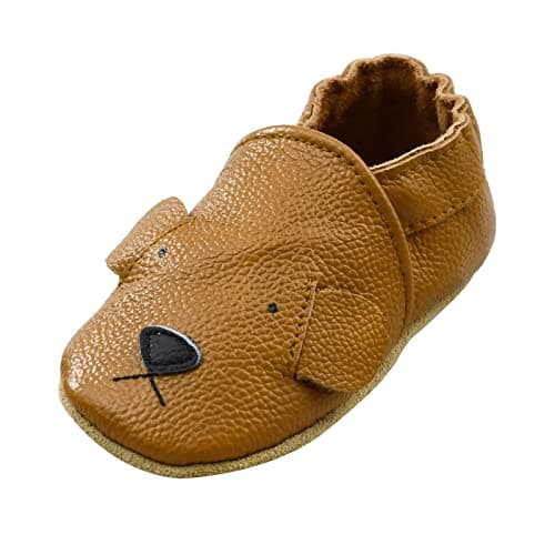 iEvolve Baby Leather Shoes Soft First Walker Shoes Crib Shoes Moccasins for Toddlers(Brown Bear, 12-18 Months)