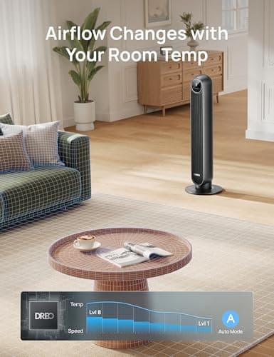 DREO Tower Fan for Bedroom, 2026 Upgraded DC Motor, 28ft/s High Velocity, 20dB Ultra Quiet Standing Fan, 8 Speeds 4 Modes, 90° Oscillating Bladeless Fan for Indoors, Floor Fans with Remote, Black — view 2