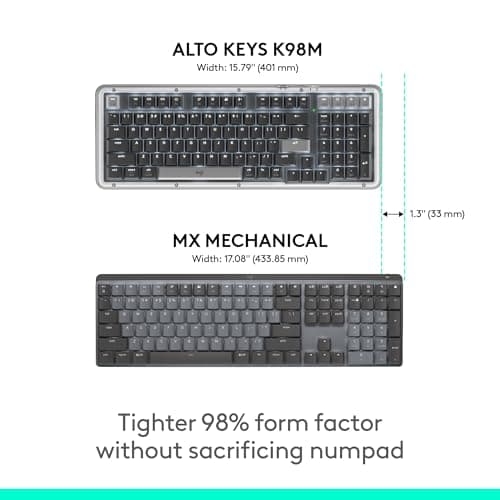 Logitech Alto Keys K98M Wireless Mechanical Clicky Keyboard, Customizable Keyboard with Vibration Absorbing Gasket, Backlit Keys, Bluetooth, USB-C Charging, for PC, Mac, Laptops - Graphite — view 4