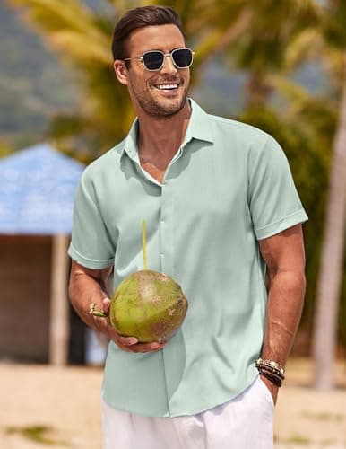 COOFANDY Mens Beach Linen Shirt Casual Short Sleeve Button Up Shirts Lightweight Breathable Tropical Shirts for Men