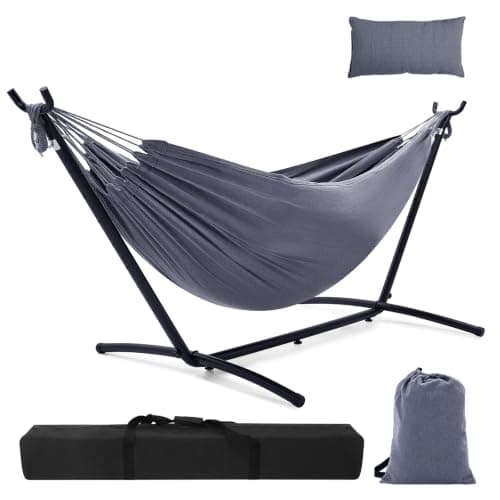 Hammock with Stand, Ohuhu Double Hammock with Space Saving Steel Stand & Pillow 2 Person Hammocks with Portable Carrying Bag for Camping Garden Patio Indoor Use Gift for Birthday, Grey