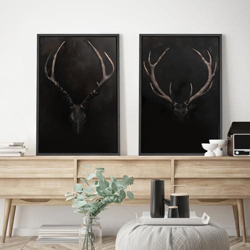 SIGNWIN Framed Canvas Print Wall Art Rustic Antler Skull Dark Dramatic Black Vintage-Inspired Deer and Elk Antlers Illustrations Decorative for Living Room, Bedroom, Office - 24"x36"x2 Black