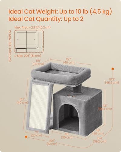 Feandrea Small Cat Tree, Cat Tower Condo for Kittens, Scratching Ramp, Top Perch, Cave, 50.2 x 30 x 44.6 cm, Dove Gray UPCT010GD01 — view 4