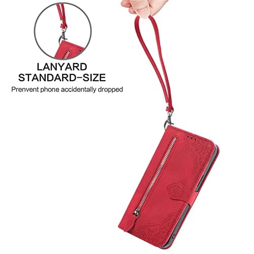 Refilerss Samsung Galaxy A54 5G Wallet Case Zipper Pocket with Card Holder Slot Magnetic Closure Lanyard Flip Cover for Galaxy A54 - Red — view 5