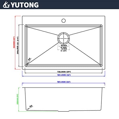 Yutong 31" x 20" Top-Mount/Drop in SS304 Stainless Steel Kitchen Sink Single Bowl Without Grid — view 2