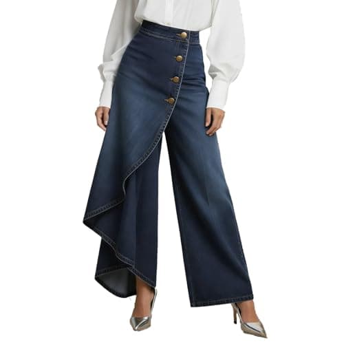 Wide Leg Jeans Woman High Waisted Asymmetrical Baggy Trendy Business Casual Denim Pant Button Ruffle Spring Outfits S-3XL Dark Blue — view 3
