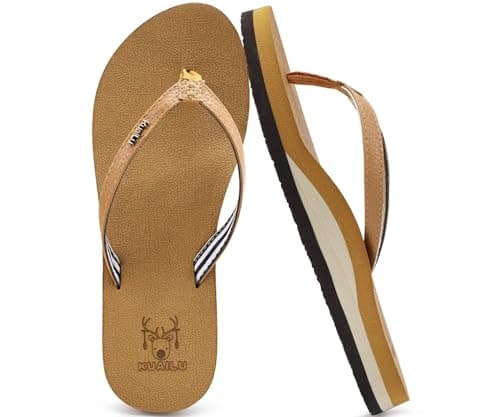 KuaiLu Womens Arch Support Flip Flops Comfortable Yoga Mat Slip on Leather Walking Thong Cushion Sandals Summer Beach Orthotic Slides Travel Essentials Indoor Outdoor Slippers Shoes Khaki Size 8