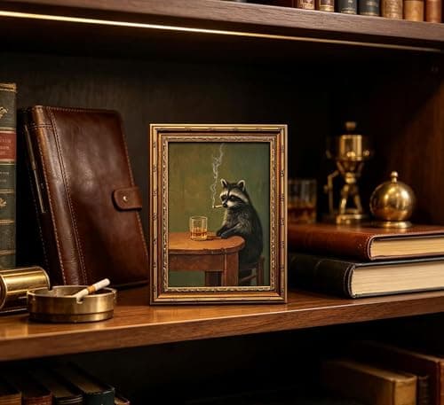 Vintage Gold Framed Smoking Raccoon Wall Art,Moody Dark Funny Animal Whiskey Cigar Canvas Print,Humor Funny Raccoon Wall Decor,Retro Bar Cart Poster Artwork,for Study Living Office Bar Decor — view 6