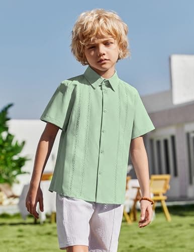 Arshiner Boys Button Down Shirt Short Sleeve Knit Shirt Summer Vintage Fashion Casual Beach Shirts for Kids 4-12 Years Light Green