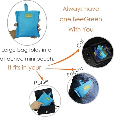 BeeGreen Light Blue Reusable Grocery Bags with Zipper Storage Pouch 10 Packs Blue Reusable Shopping Bags Bulk with Elastic Band Foldable-Machine Washable — view 3