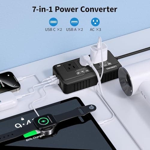 2000W Voltage Converter US to Europe for Hair Dryers, 7-in-1 220V to 110V Converter for European Travel with 3 AC/2 USBA/2 USBC Ports, Power Converter Adapter Combo with Type G/C/I/L Plugs — view 2