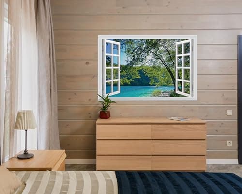FLFK Fake Window Wall Mural - Lakes in The Jungle Faux Window Wall Sticker for Wall Decor, Stick and Peel Wall Decals,48"x32",Set of 2 Sheets — view 2
