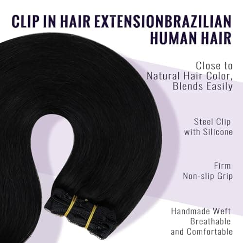 Fshine Clip in Hair Extensions Human Hair Jet Black 16 in 120 G For Party — view 2