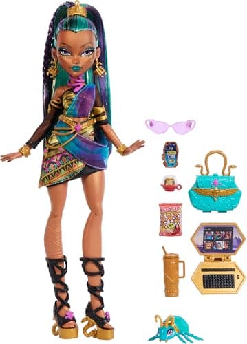 Monster High Nefera De Nile Doll, Royal Mummy in Dress with Pet Scarab Lavish and 7 Accessories Like Purse, Laptop, Sunglasses, Drink and Snacks — view 5