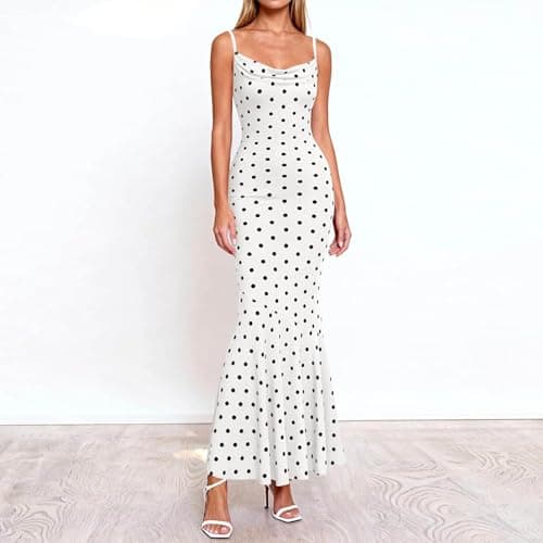 Womens Summer Dresses Polka Dot Spaghetti Strap Cowl Neck Bodycon Wedding Guest Cocktail Mermaid Maxi Dress Vacation White-M