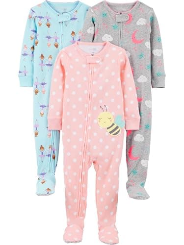Simple Joys by Carter's Baby Girls' 3-Pack Snug-Fit Footed Cotton Pajamas, Ballerina/Moon/Bee, 6-9 Months