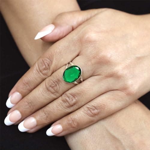 JEWELOPORIUM Green Emerald Simulated Silver Ring Size 5, 925 Sterling Silver Ring for Women, Chunky Oval Gemstone Handmade Jewelry — view 2