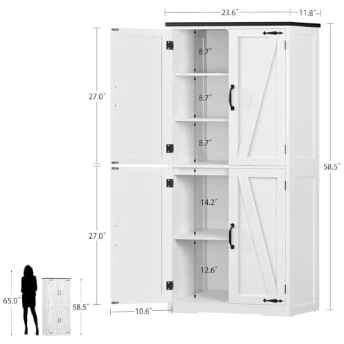 TEENFON Farmhouse Storage Cabinet with 2 Adjustable Shelves, Pantry Cabinet with 4 Barn Doors, Bathroom Cabinet, Cupboard for Kitchen, Living Room, Entryway, White — view 2