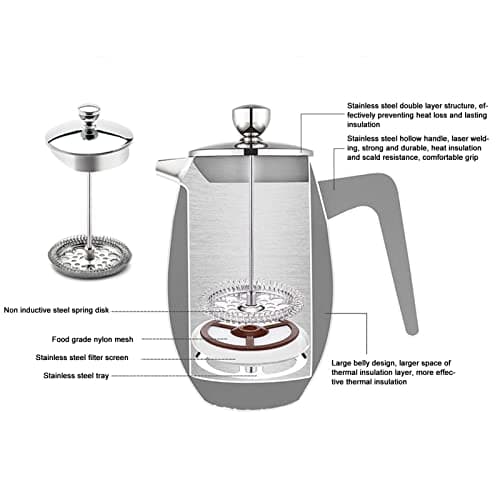 Ycauty Stainless Steel French Press, U-Shape Double Layer Teapot for Home, Stainless Steel French Press Coffee Maker for Coffee Lovers (350ml) — view 8