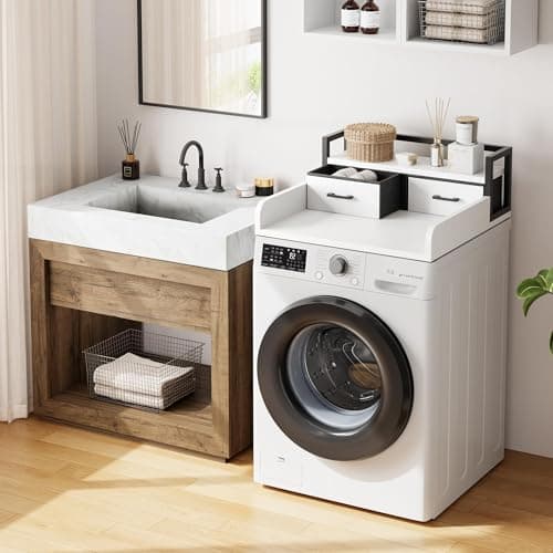 Garvee 2-Tier Washer Dryer Countertop with Shelf and 2 Drawers, Washing Machine Topper with High Guardrails and Smooth Edges for Laundry Hamper Storage Organization, White