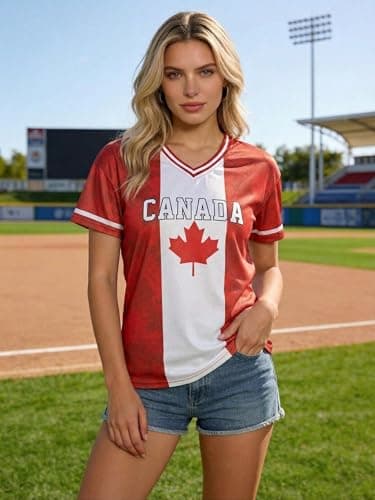 SUPEYA Canada Day Shirt Women Soccer Cup 2026 Soccer Shirt Canada Jersey Y2k V Neck Short Sleeve Shirt Patriotic Tee Tops Red — view 2