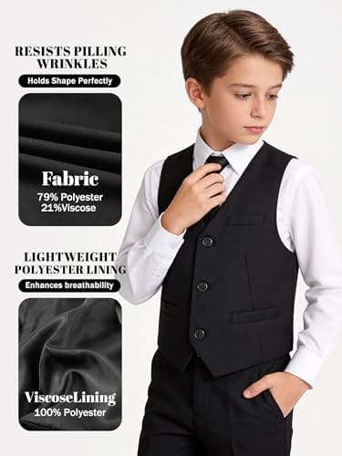 LOLANTA Suit Vest for Boy Slim Fit V Neck 3 Buttons Formal Outfit Dress Waistcoat with Pockets (Black, 11-12 Years) — view 3