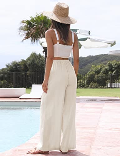 Faleave Women's Cotton Linen Summer Palazzo Pants Flowy Wide Leg Beach Trousers with Pockets(Apricot-XS) — view 2