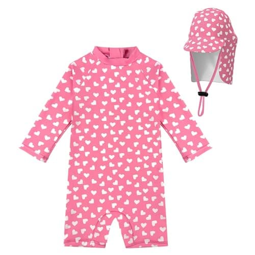 weVSwe Baby Girl Bathing Suit UPF 50+ All in One Sunsuit Swimwear Long Sleeve Toddler Girl Swimsuit with UV Hat Pink Heart 0-6 Months