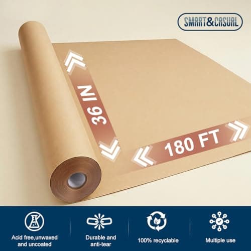 SMART&CASUAL Brown Kraft Paper Roll 36" x 2,160" (180') for Gift Wrapping Bouquet Flower Art Painting Craft Writing Packaging Shipping 70GSM 50LB (Brown, 36" x 180')