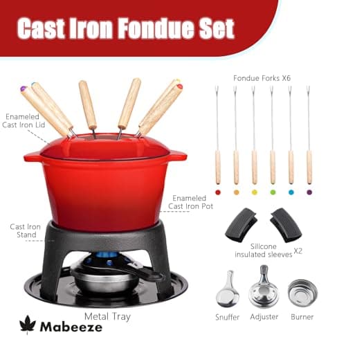 Mabeeze Cast Iron Fondue Pot Set Red Enameled 1.6 Qt for Cheese, Chocolate, or Meat: Includes 6 Fondue Forks