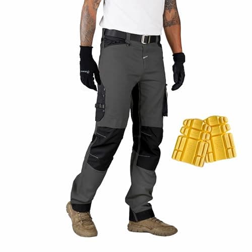 Ellobird Men's Construction Work Utility Pants Relaxed Fit Stretch Flex Cordura Double Knee Reinforcement Carpenter Cargo,(Blackened Pearl + Knee Pads,32W x 30L)