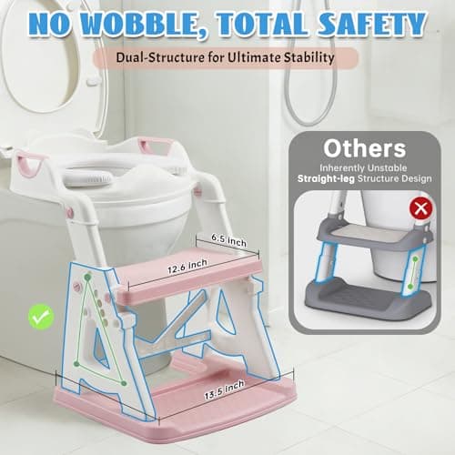 Potty Training Toilet Seat, Stable Potty Training Seat with Step Stool, 2 in 1 Toddler Toilet Seat with Steps for Kids Boys Girls, Toddler Potty Seat with Ladder, Splash Guard, Anti-Slip Pads (Pink)